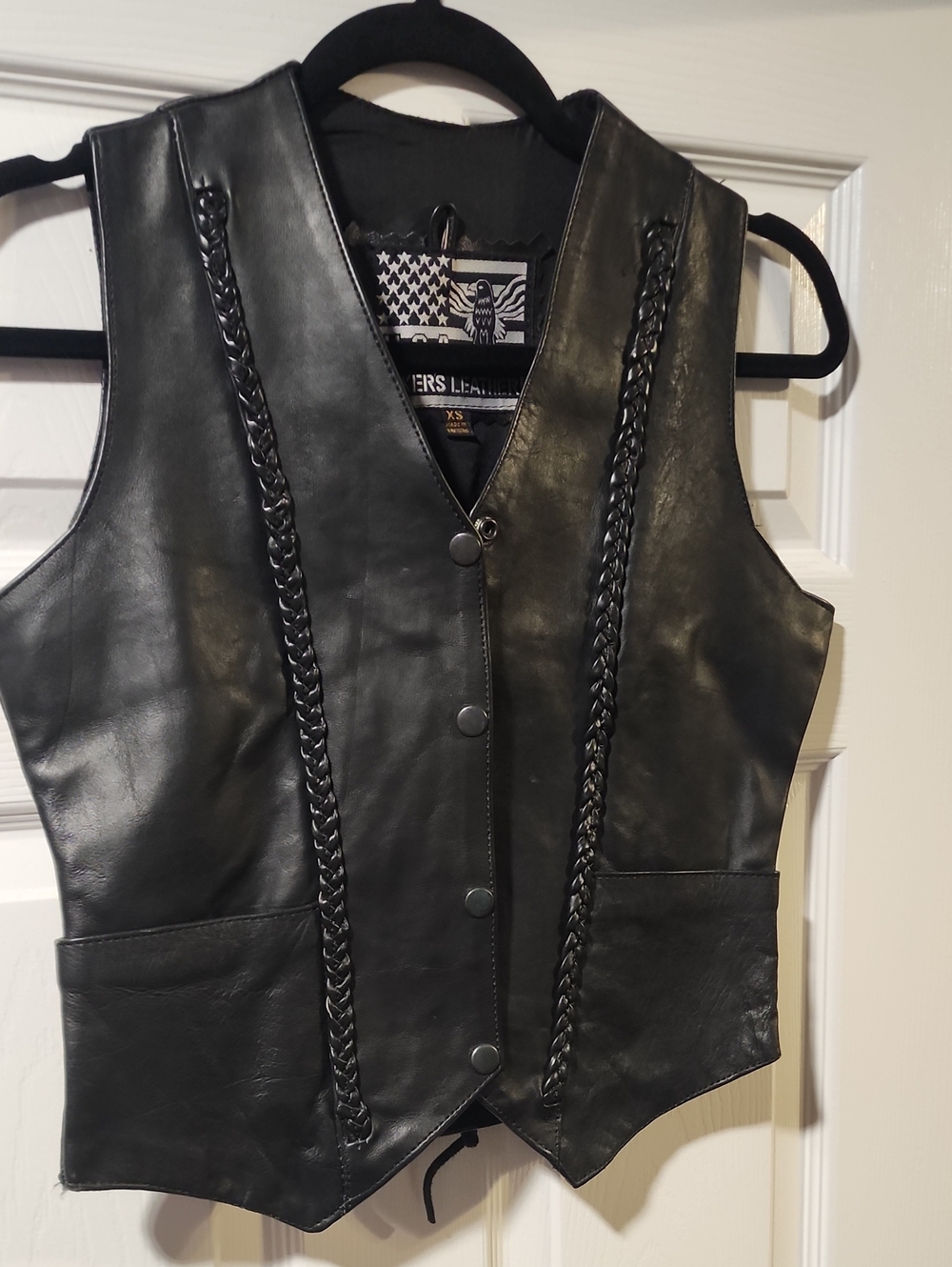 Black Leather Braided Trim Women's Vest
